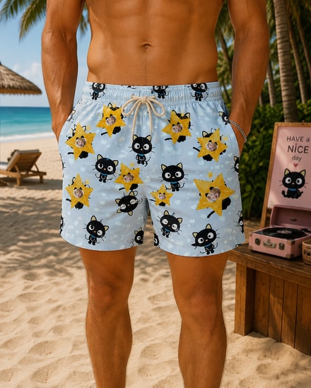 Personalized "Starry Black Cat Blue" Swim Shorts