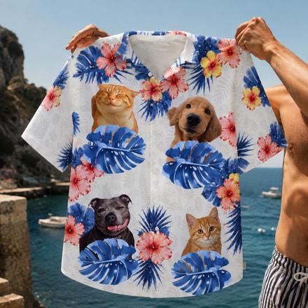 Custom Pet Photo Hawaiian Shirt, Personalized Dog And Cat Aloha Shirt, Tropical Pet Portrait Button Up, Animal Lover Vacation Gift, Pet Parent Beach Shirt