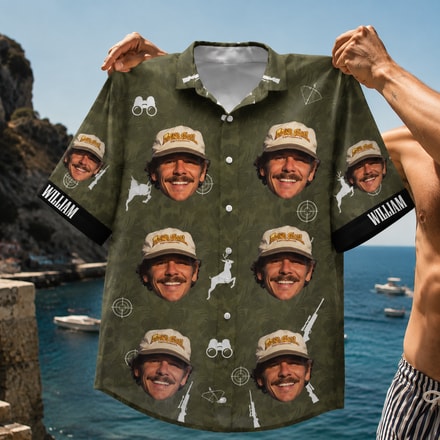Custom Hunting Camo Hawaiian Shirt, Personalized Face And Name Shirt, Hunter Gift For Men, Camouflage Aloha Button Up, Outdoor Birthday Gift