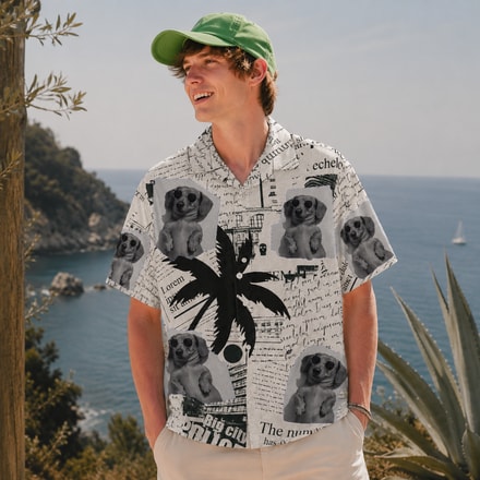 Fun Pet Portrait Cityscape Hawaiian Shirt – Custom Pet Face Vacation Aloha Tee, Tropical Beach Shirt For Dog & Cat Lovers