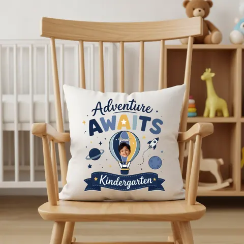 Personalized Adventure Awaits Kindergarten Photo Pillow – Custom Back To School Cushion Gift For Kids