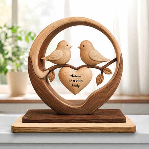 Celebrate Lasting Love, Personalized Birds In Heart Wood Plaque, Gift For Couples