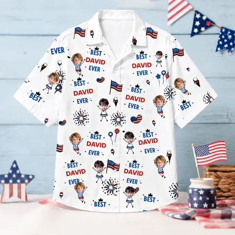 Best Dad Ever Personalized Hawaiian Shirt - Custom Children Faces And Dad Name