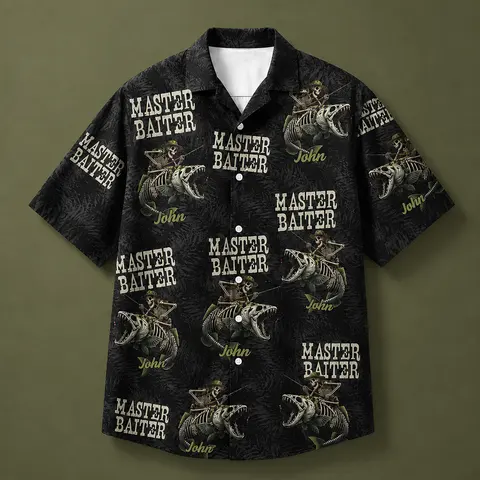 Master Baiter Skull Angler Tropical Button Up Shirt For Fishermen - Personalized Fishing Hawaiian Shirt With Custom Name