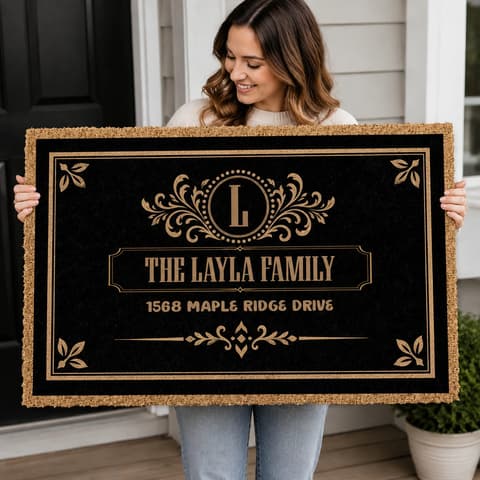 Family Monogram With Address Vintage Decor - Personalized Coconut Doormat