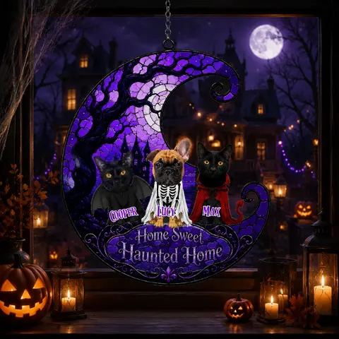 Halloween Crescent Moon "Home Sweet Haunted Home" Pet Suncatcher, Gift For Dog/Cat Lovers
