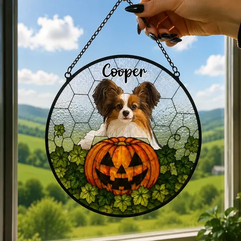 Personalized Halloween Dog Stained Glass Suncatcher, Custom Pet Pumpkin Window Hanging, Spooky Dog Lover Decor Gift