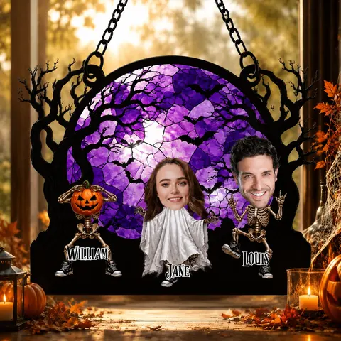 Personalized Halloween Skeleton Stained Glass Suncatcher, Custom Face Spooky Window Hanging, Family Costume Autumn Decor