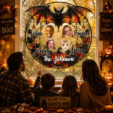 Personalized Family Bat Pumpkin Wreath Acrylic Suncatcher, Custom Face Portrait Dark Autumn Window Art, Spooky Gothic Family Gift