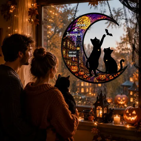 Personalized Couple Black Cat Suncatcher, Halloween Decoration, Moon & Pumpkins Window Hanging, Spooky Anniversary Gift