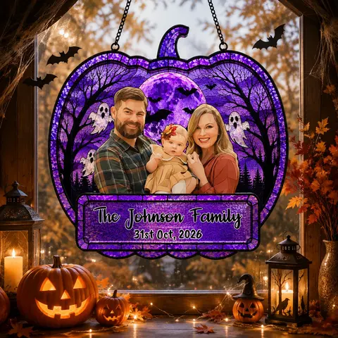 Custom Family Photo Pumpkin Suncatcher, Spooky Purple Halloween Window Hanging, Personalized Family Keepsake, Gothic Decor Gift
