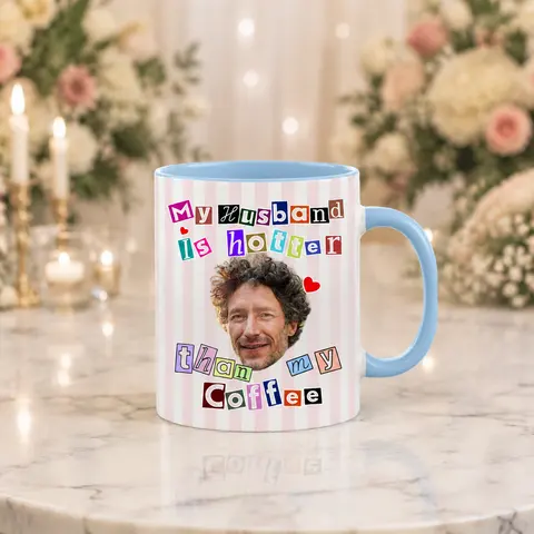 Custom Face Striped Wedding Mug: My Husband Is Hotter Than My Coffee