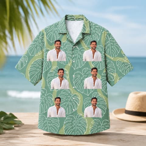Monstera Pattern Personalized Hawaiian Shirt - Custom Portrait Beach Hawaiian Shirt