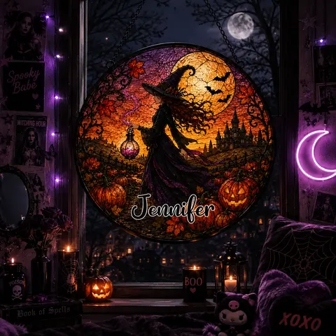 Halloween Witch And Pumpkin Stained Glass Window Hanging, Enchanting Witchy Halloween Suncatcher, Stained Glass Effect Autumn Fall Decor And Mystical Window Hanging