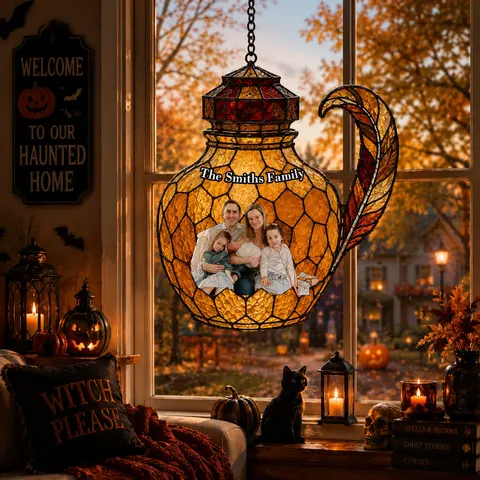 Personalized Family Photo Stained Glass Effect Suncatcher, Custom Teapot Lamp Acrylic Window Hanging And Home Decor