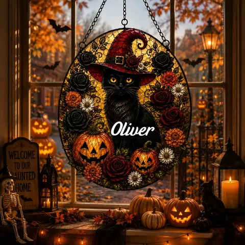 Spooky Black Cat Faux Stained Glass Suncatcher With Witch Hat And Pumpkins, Halloween Window Decor, Unique Autumn Gift