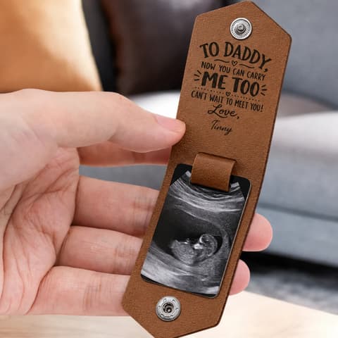 Custom Photo Now You Can Carry Me Too - Gift For Dad, Father, New Parents - Personalized Leather Photo Keychain