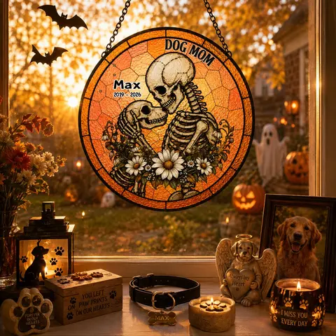 Custom Skeleton Dog Memorial Suncatcher, Personalized Dog Mom Skeleton Stained Glass Suncatcher Window Hanging, Custom Name Gothic Decor, Halloween Memorial Gift