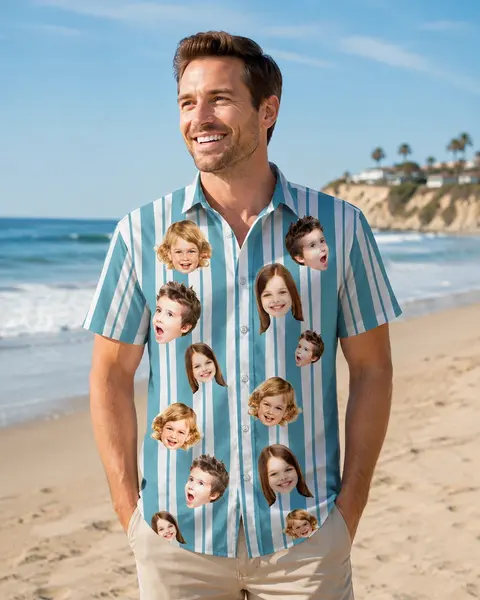 Custom Funny Face Retro Striped Pattern Trendy Summer For Family Matching - Personalized Photo Hawaiian Shirt
