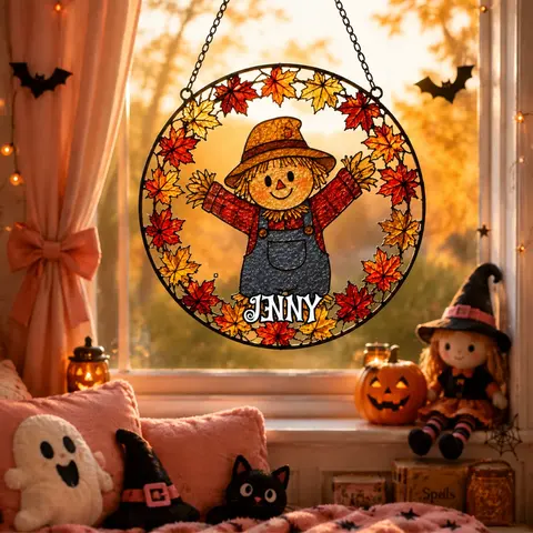 Personalized Scarecrow Maple Leaf Suncatcher, Custom Name Faux Stained Glass Window Hanging, Fall Autumn Harvest Home Decor
