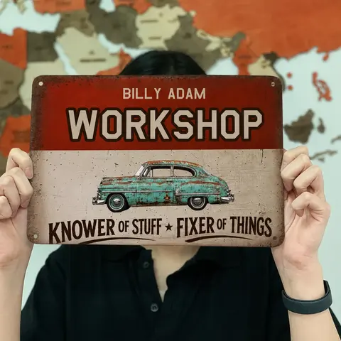 Custom Photo Garage Workshop Man Cave Knower Of Stuff Fixer Of Things - Personalized Classic Metal Signs
