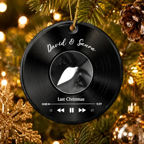 Personalized Ceramic Christmas Ornament Round Shape Custom Photo Couple Name Song Vinyl Record Music Player Christmas Gift