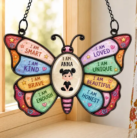 Almagems Custom "I Am Smart, I Am Kind" Suncatcher - Personalized Butterfly Affirmations Acrylic Window Hanging Decor - Educational Gift For Kids