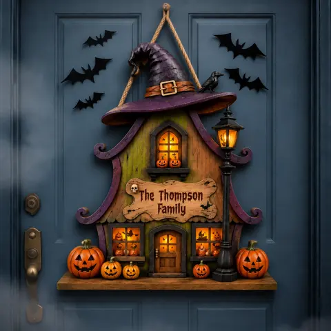 Custom Family Halloween Door Hanger, Personalized Witch Cottage Name Sign, Haunted Pumpkin House Decor, Gothic Front Door Decoration