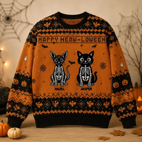 Personalized Black Cat Halloween Sweater - Custom Pet Skeleton Ugly Sweatshirt
