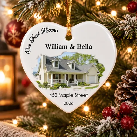 Personalized Ceramic Christmas Ornament Heart Shape Custom Home Photo Name Address First Home Memory Christmas Gift