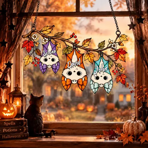 Personalized Hanging Bats Suncatcher, Custom Family Stained Glass Window Art, Spooky Gothic Autumn Decor