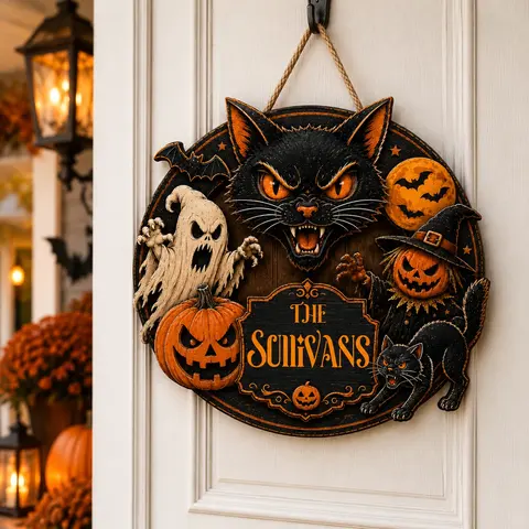 The House Behind The Black Cat Door Personalized Sign, Custom Family Name Halloween Plaque, Haunted Cat Witch Decor, Unique Fall Keepsake