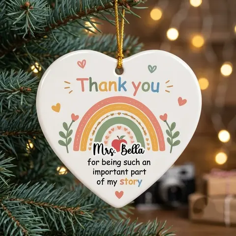 Personalized Ceramic Christmas Ornament Heart Shape Custom Teacher Name Rainbow Thank You Keepsake Gift