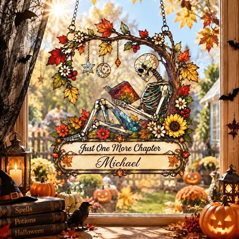 Personalized Skeleton Reading Book Suncatcher, Custom Name Stained Glass Acrylic Window Hanging, Book Lover & Halloween Decor