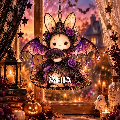 Personalized Gothic Princess Bunny Suncatcher, Custom Name Bat Wing Stained Glass Window Hanging, Cute Spooky Halloween Decor
