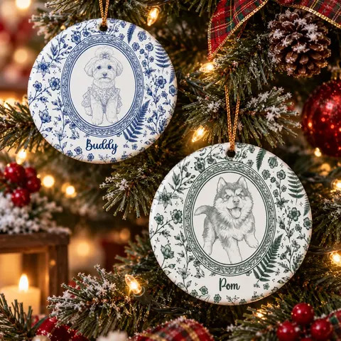 Personalized Ceramic Christmas Ornament Round Shape Custom Dog Name Blue Willow Chinoiserie Pet Keepsake Gift