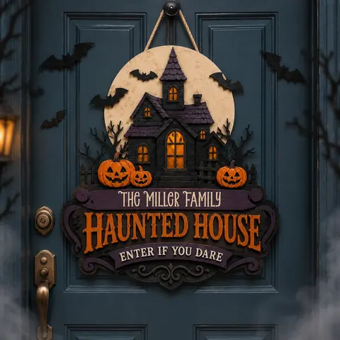 The Haunted House Family Door Sign Personalized Name, Custom Halloween Front Door Decoration, Gothic Manor Welcome Sign, Spooky Fall Porch Decor Gift