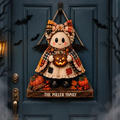 Personalized Halloween Door Sign Custom Text, Cute Bat Doll Front Door Decor, Pumpkin Witchy Hanging Sign, Spooky Fall Home Decoration, Halloween Gift