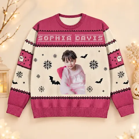 Pullover Cute Snowflake Bat - Custom Kids Photo Ugly Sweater Personalized Name Christmas