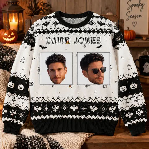 Personalized Face Halloween Sweater - Custom Photo Ugly Sweatshirt With Bats And Pumpkins