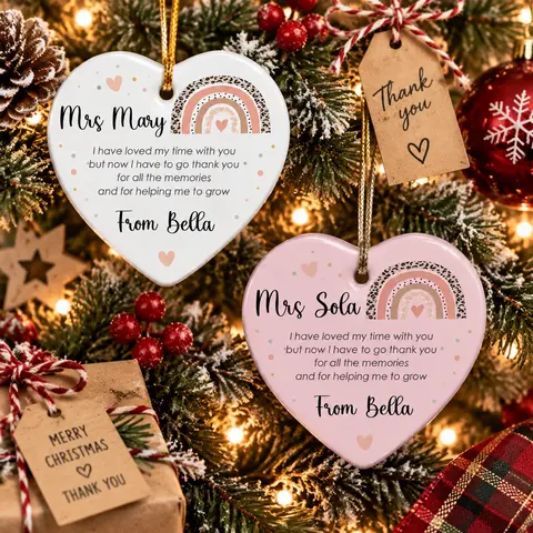Personalized Ceramic Christmas Ornament Heart Shape Custom Name Teacher Thank You Appreciation Rainbow Keepsake Christmas Gift