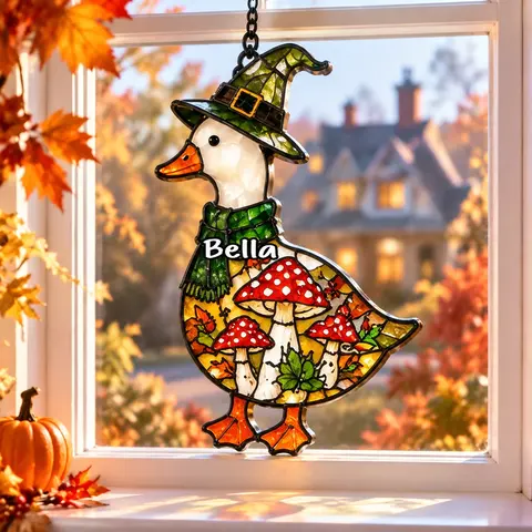 Personalized Witch Hat & Mushroom Goose Suncatcher, Custom Name Stained Glass Acrylic Window Hanging, Cozy Fall & Christmas Gift For Friends, Halloween Seasonal