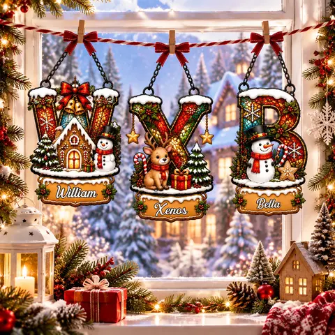 Personalized Alphabet Santa Christmas Ornament, Custom Letter Name Suncatcher, Faux Stained Glass Holiday Window Hanging Gift