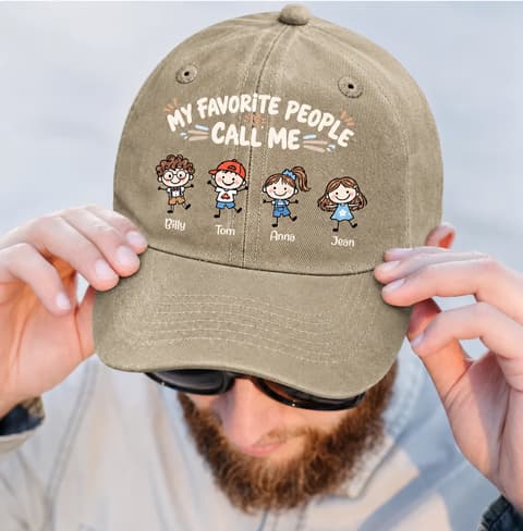 My Favorite People Call Me Papa Kid Stick Figures - Personalized Vintage Washed Denim Cap