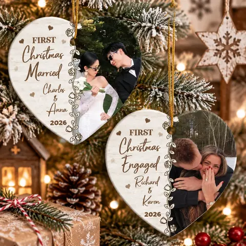 Personalized Ceramic Christmas Ornament Heart Shape Custom Photo Couple Name First Christmas Married Engaged Love Christmas Gift