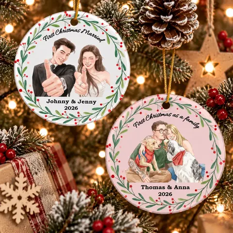 Personalized Ceramic Christmas Ornament Round Shape Custom Photo Couple Pet Family Name Christmas Wreath Christmas Gift