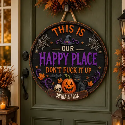 Personalized Halloween Door Sign Custom Name, Our Happy Place Couple Decor, Cute Gothic Pumpkin Cat Hanging Sign, Spooky Home Decoration Gift For Couples