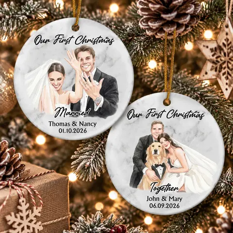 Personalized Ceramic Christmas Ornament Round Shape Custom Photo Couple Name First Christmas Married Wedding Portrait Christmas Gift