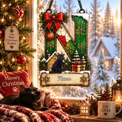 Personalized Pet Christmas Ornament, Custom Name & Initial Faux Stained Glass Pet Keepsake, Holiday Gift For Dog & Cat Lovers