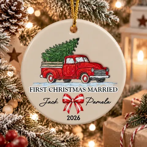 Personalized Ceramic Christmas Ornament Round Shape Custom Name First Christmas Married Red Truck Christmas Tree Christmas Gift